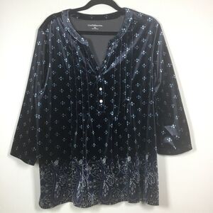 Velvet paisley black blue pattern top witchy witchcore whimsygoth hippie boho XL
